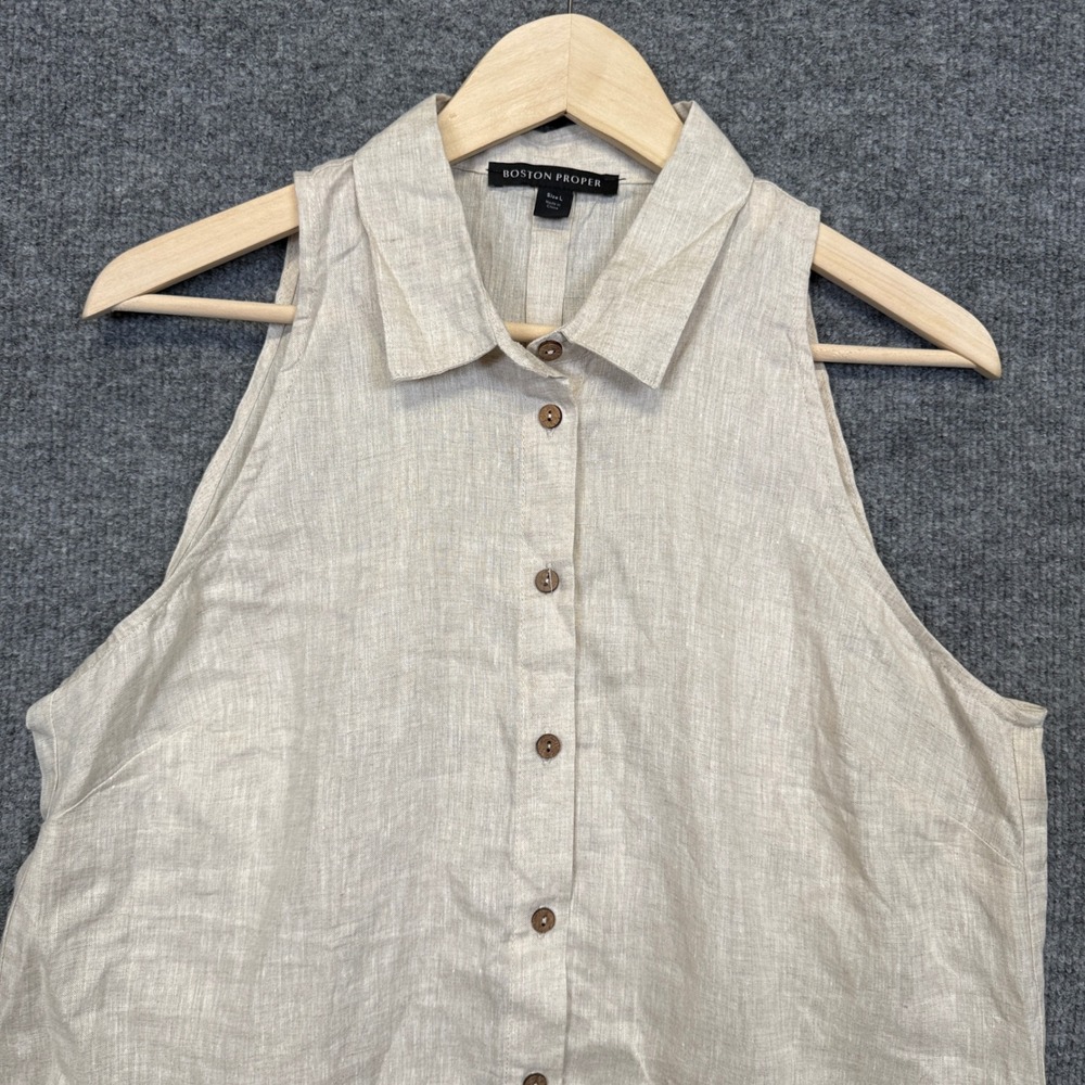 Boston Proper Size Large Shirt Cream Sleeveless Linen Buttons Collared Preppy - Picture 4 of 9